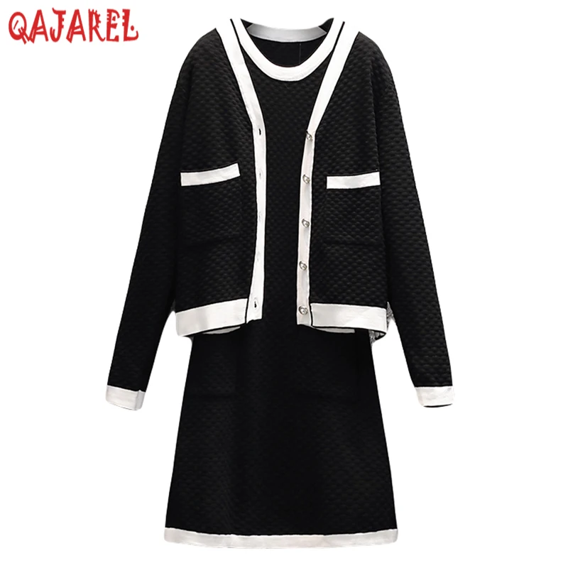 

2024 Autumn Whiter Knitted Cotton Thick Warm Casual Two Peice Dress Sets Women White Long Sleeve V-Neck Cardigan+Midi Dress Sets