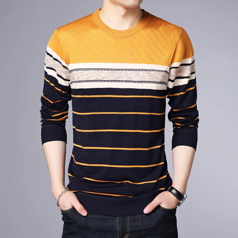 Men's Casual Striped Knit Spring and Autumn Long Sleeved Pullover Fashion Top