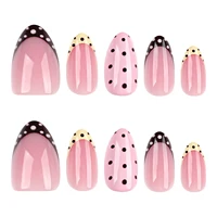 Faux ongles amande rose nude imprimés à pois, 24 pièces, ongles français jaunes/rouges à presser, manucure DIY estivale, faux ongles portables 2