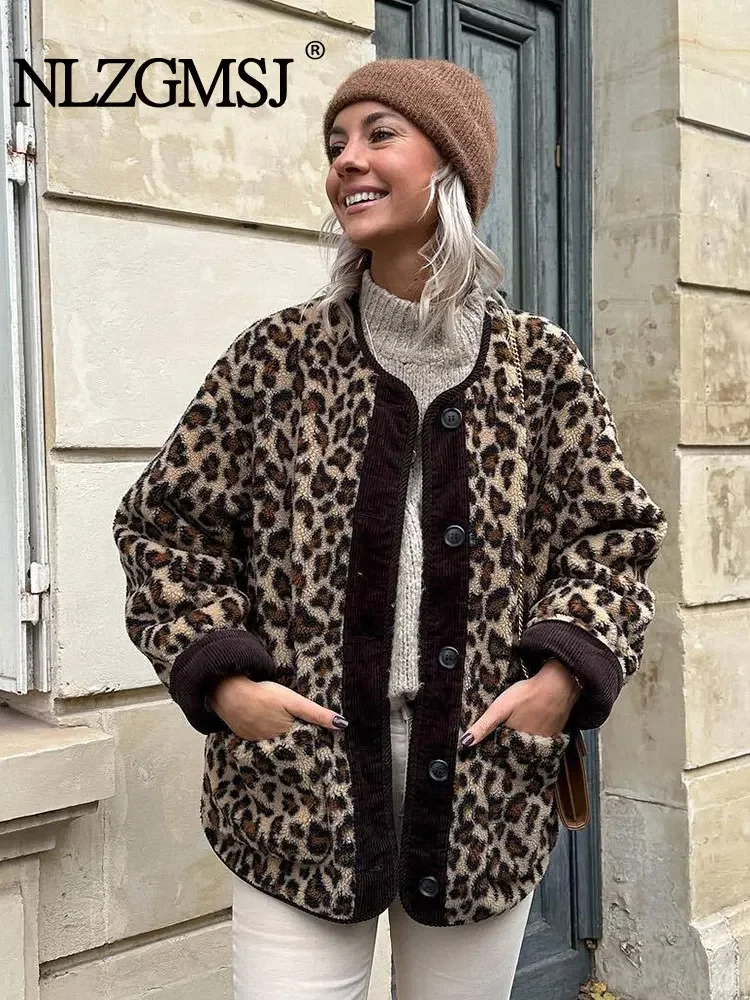 

Женская меховая куртка Nlzgmsj 2024 TRAF с леопардовым принтом, пальто, однобортная винтажная осенне-зимняя Повседневная Свободная верхняя одежда с длинным рукавом
