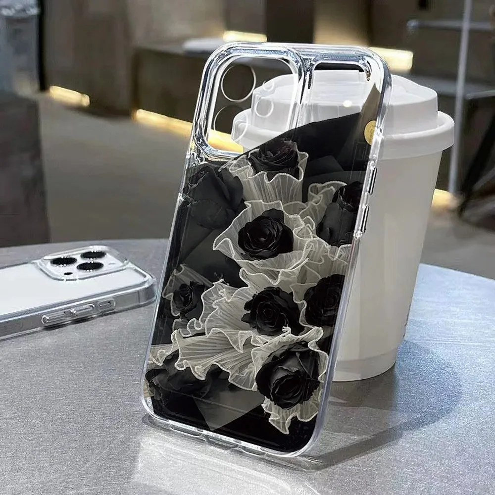 Elegant Black Floral Clear Case with Rose Design - Soft Protective Phone Cover