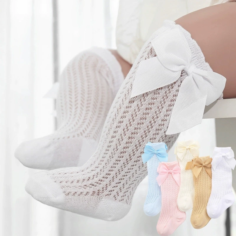 Baby Socks 0-2Years Baby Girl Socks with Bow Summer Toddler Baby Cotton Mesh Knee Socks Newborn Infant Non-slip Princess Long