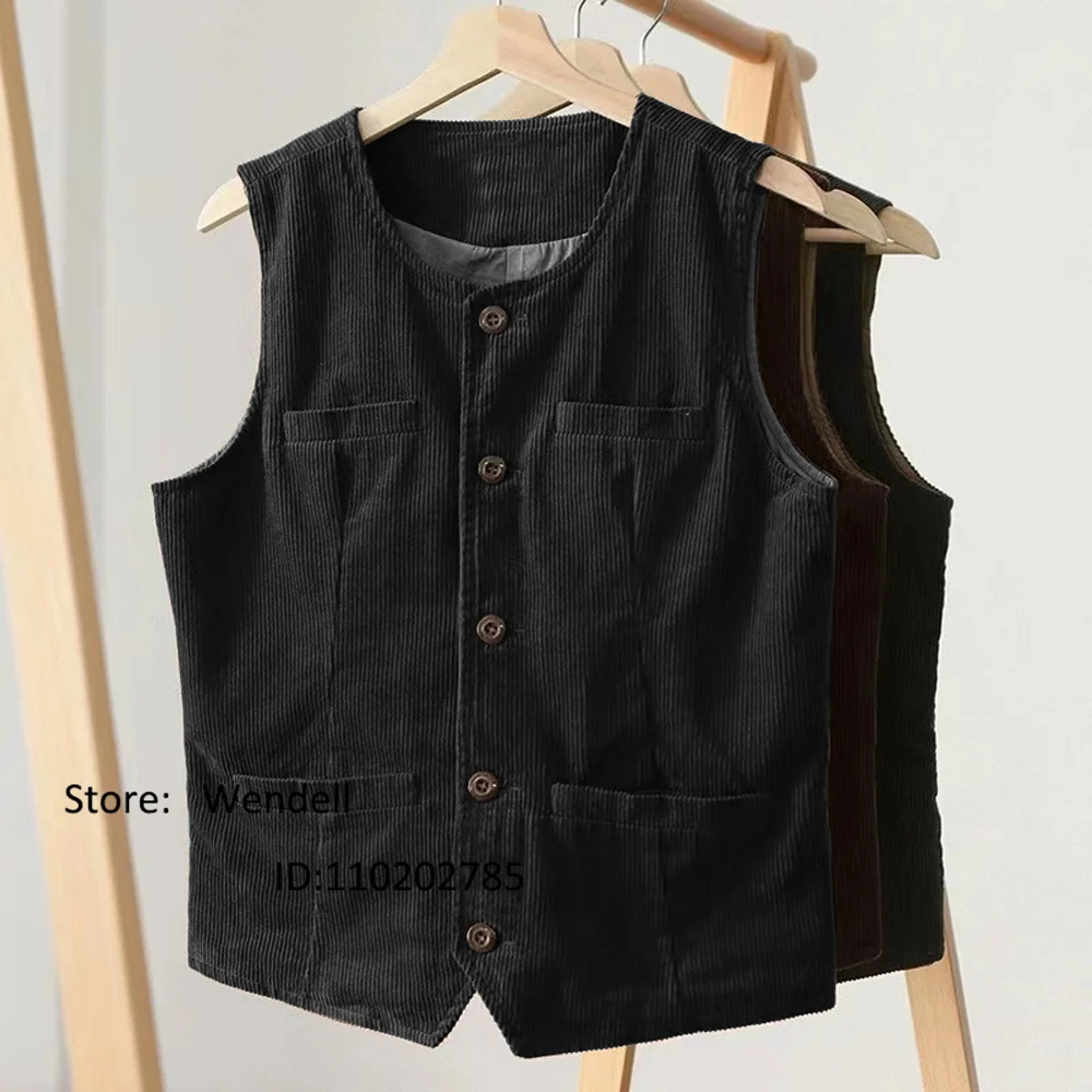 Men's Corduroy Vest Retro Punk Casual Sleeveless Jacket Waistcoat Man Jackets Kuecho Clothes Fan Air Conditioning Male Coat Top