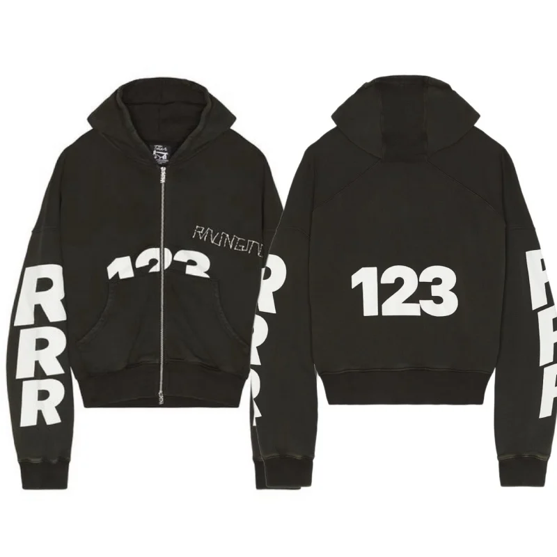 Kurz geschnittener Kapuzenpullover mit Reißverschluss RRR-123 Vintage-Waschung, 100 % Baumwolle, Streetwear-Pullover, übergroße Passform