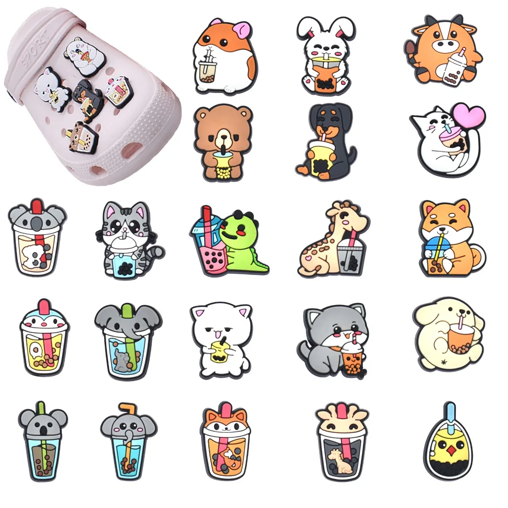 

Hot Sale 1pcs PVC Shoe Charms for Crocs Cute Drink Boba Tea Accessories Women Clogs Buckle Kids Pins Decoration Jeans X-mas Gift