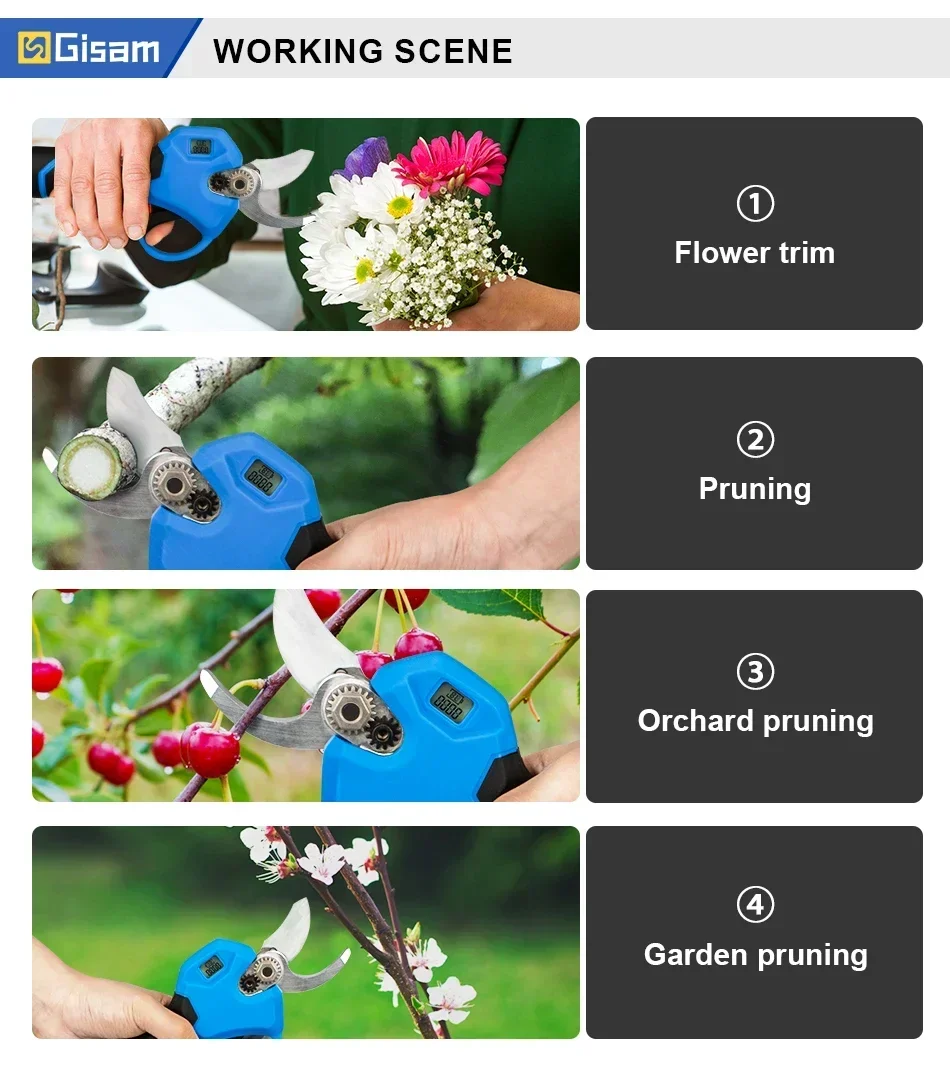 Gisam 30mm Brushless Electric Pruning Shears Electric Scissors 2 Gears Cordless Fruit Tree Bonsai Pruning For Makita 18V Battery 3