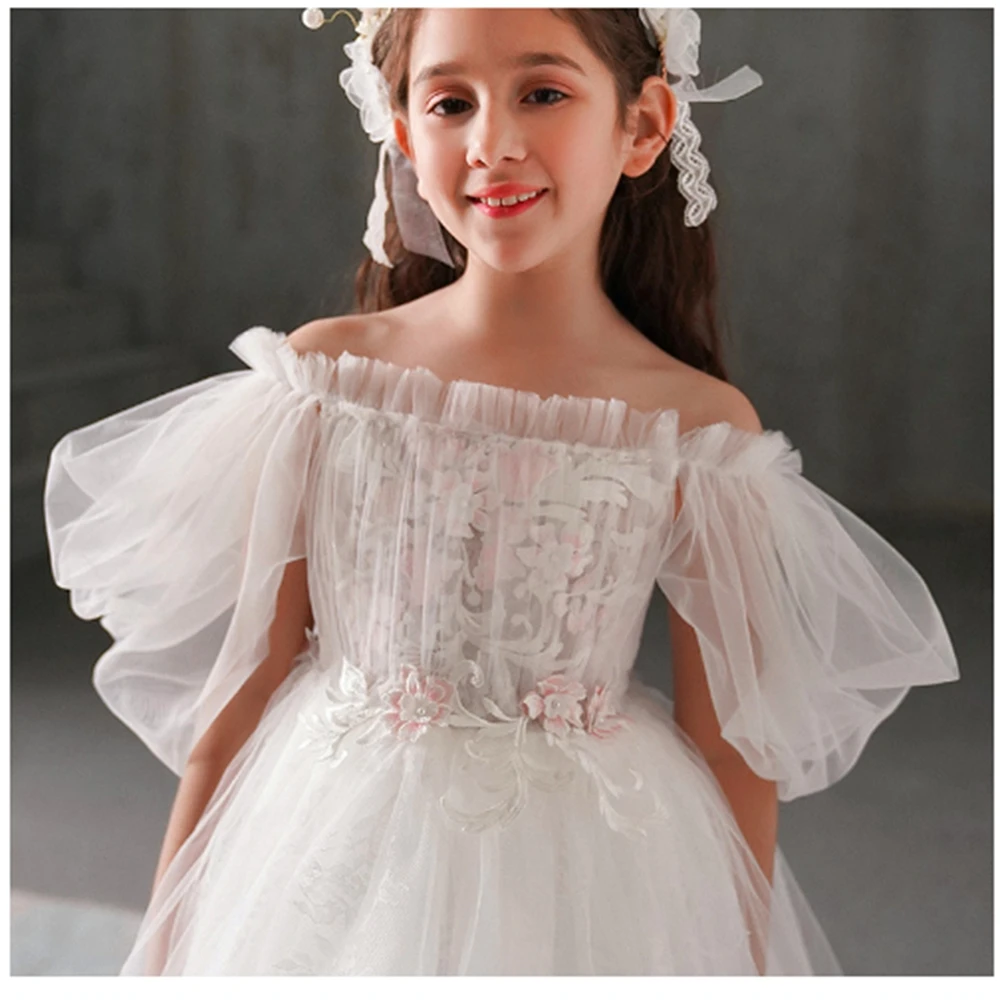 

Princess Ball Beauty Pageant First Communion White Angel Tulle Bubble Sleeve Flower Girl Dress Kids Surprise Birthday Present