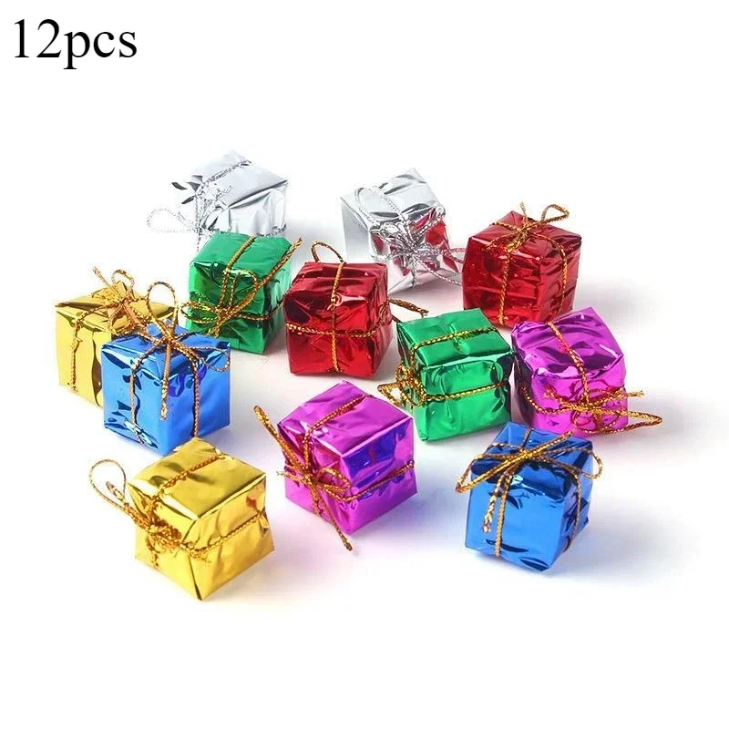 12Pcs Mini Christmas Gift Boxes Colorful Tree Pendant Ornaments Foam Decorations for New Year Party