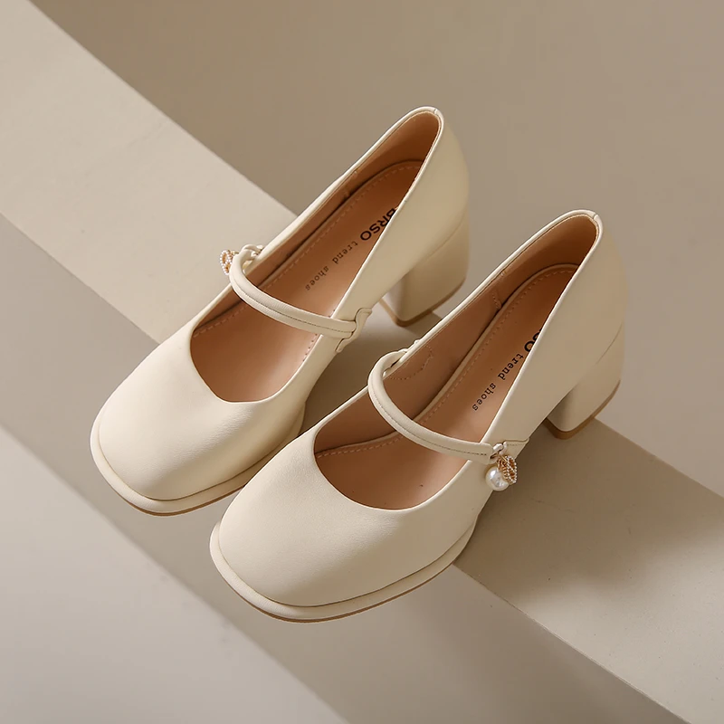 2024 NEW Oxford Shoes for Women Sweet Lolita Shoes Woman Slip on Square High Heels Solid Round Toe Pearl Pumps Size 34-40