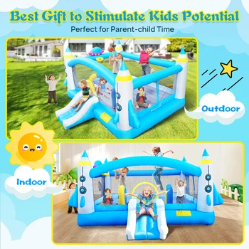 Kids Inflatable Bounce House With Long Slide Bouncing Area Basketball Hoop Heavy Duty Oxford Fabric Family Backyard Bouncy Castl 5