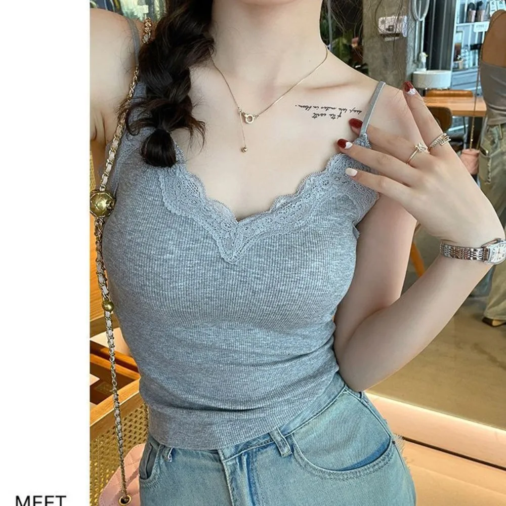 Comfort Breathable Lace Camisole Strap Bra Solid Color Summer Top Wire-Free Sexy Style Crop Top