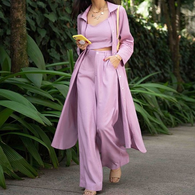 Casual Solid Turn-Down Collar Long Sleeve Strap Vest High Waist Blazer Casual Straight Pants Suits Three Piece Sets