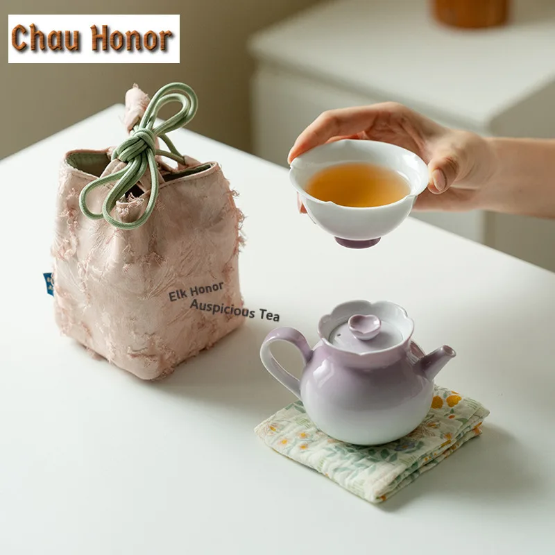Gradient Purple Ceramic Travel Tea Set Kit Retro 1 Pot 1 Cups Tea Maker Organizer Portable Picnic Handbag for Tea Supplies Gift