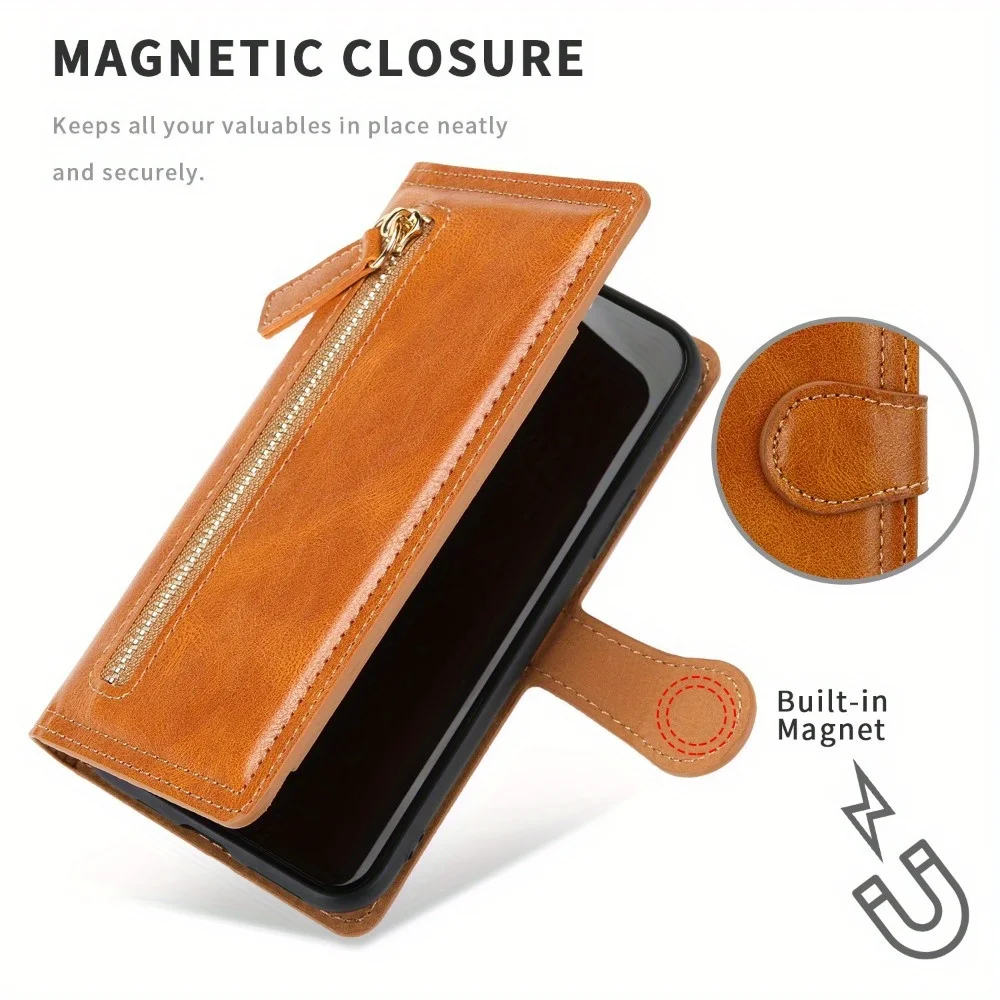 Luxury Faux Leather Flip Wallet Case with Zipper Pocket Cover