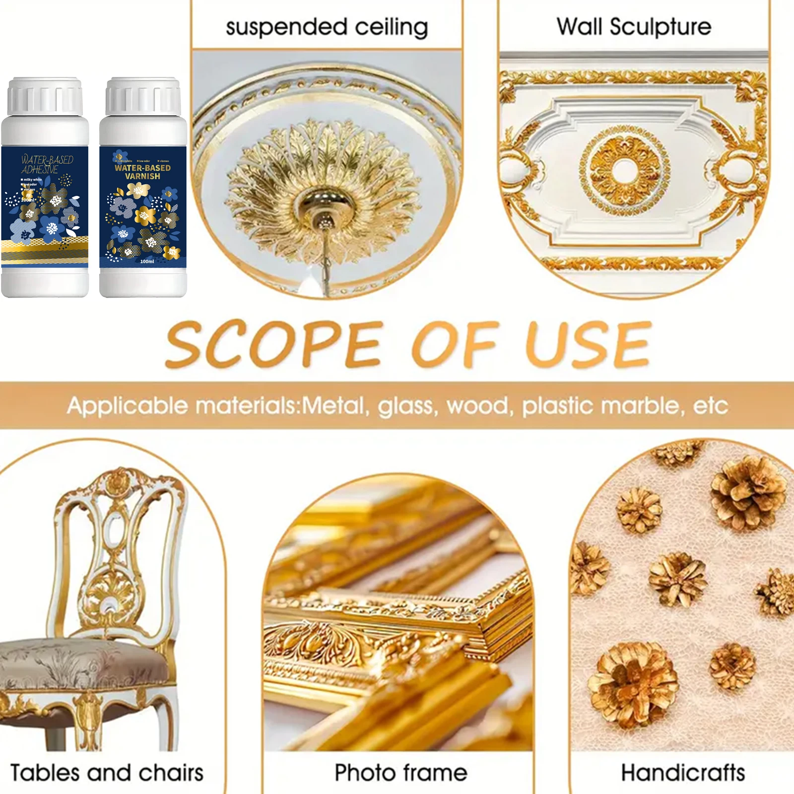 Golden Leaf Gilding Adhesive Kit 100ml/200ml Water-Based Epoxy Resin Glue For Metal Foil Crafts & Jewelry Making on Wood Gla