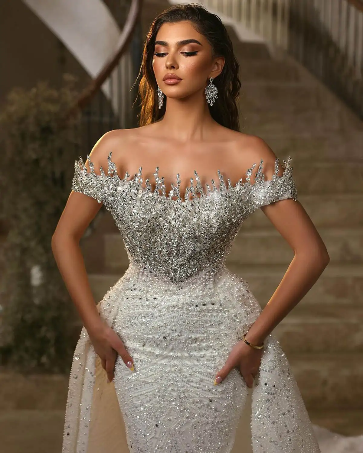 Prom Dresses Off The Shoulder Shining Lace Mermaid Detachable court Celebrity Dresses Made