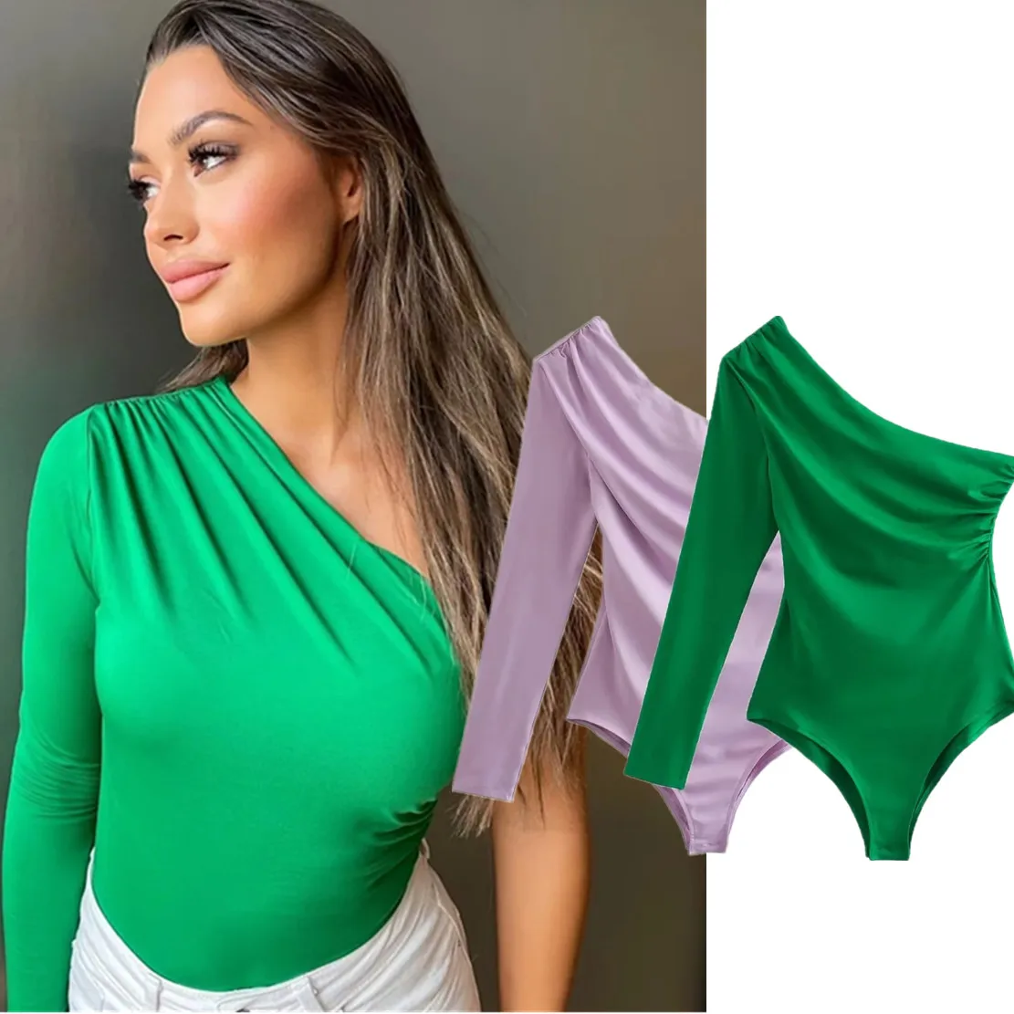 

Jenny&Dave Ins Blogger Vintage Single Shoulder Fashion Bodysuits Sexy Tops Sheath Pleated Bodysuits Women