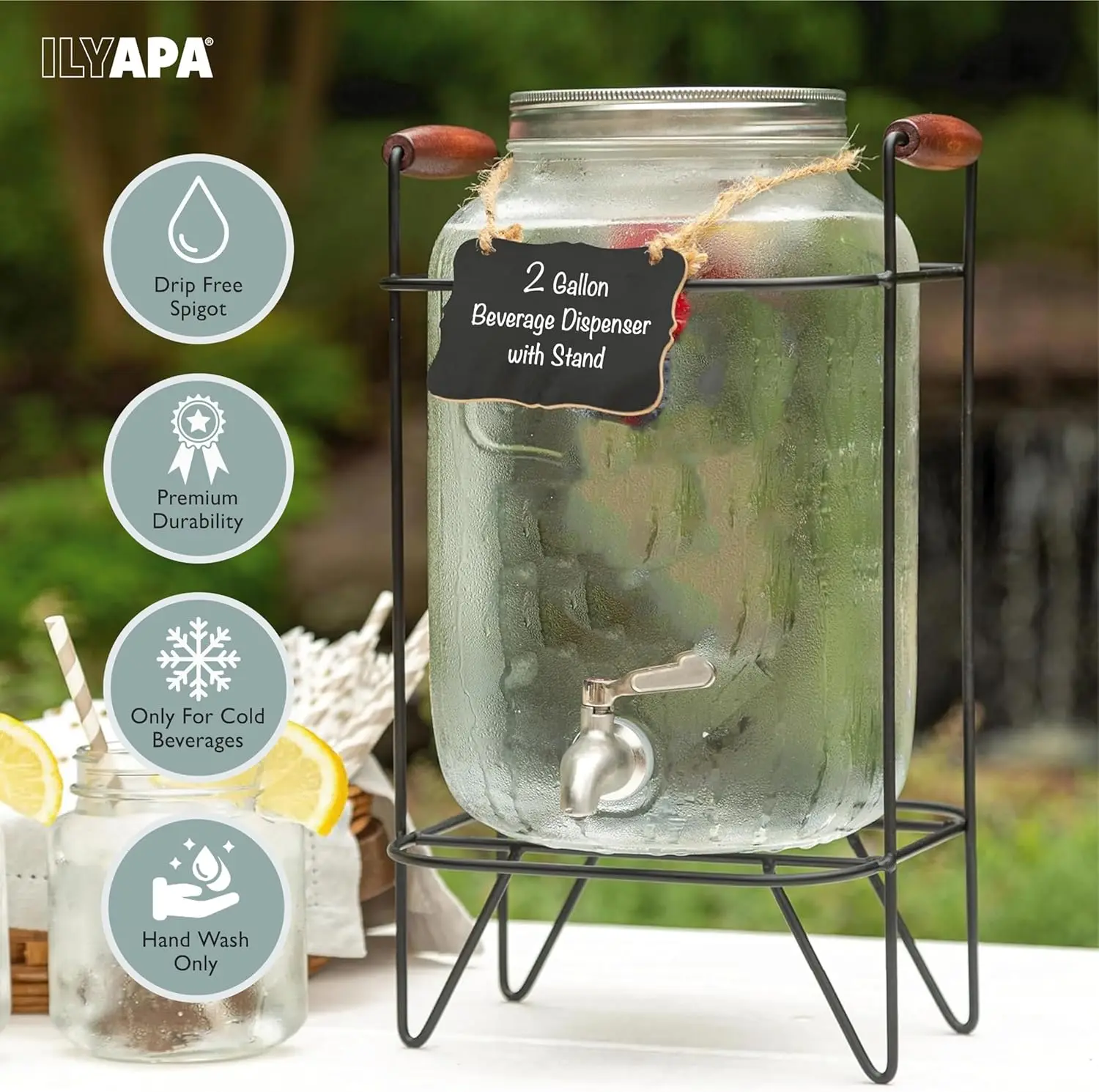 2 Gallon Glass Beverage Dispenser, Metal Base, Stainless Steel Spigot & Hanging Chalkboard - Outdoor Drink Dispenser for 3