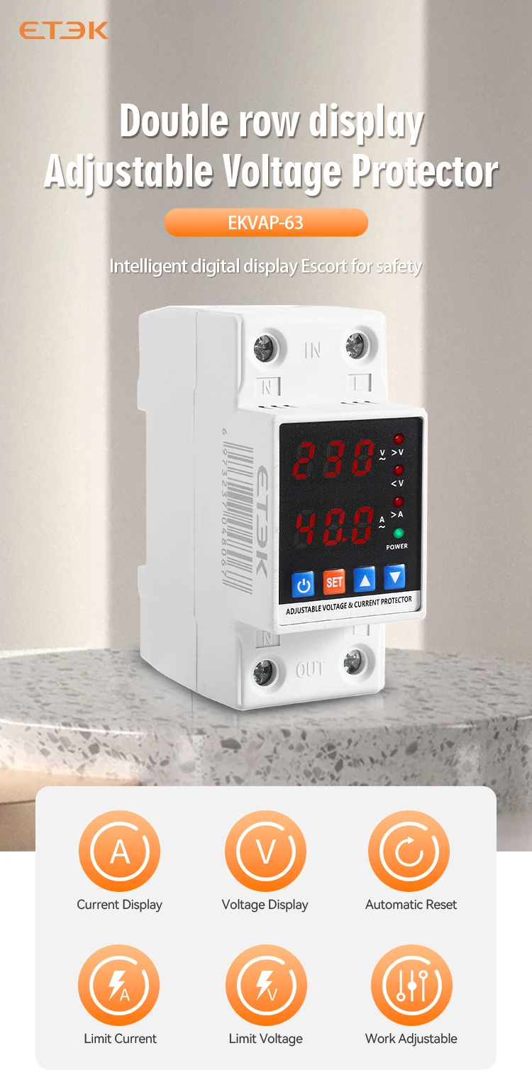 Description Picture 2 of itemETEK Relay Adjustable Over Voltage Current and Under Voltage Protective Device Protector Relay40A 63A EKVAP