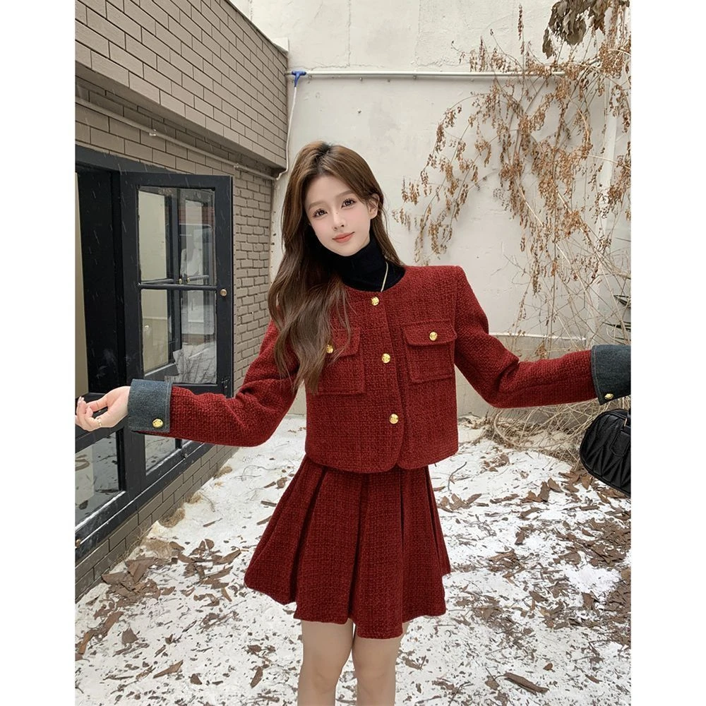 Autumn Winter New Red Tweed Two-piece Skirt Set Women Short Jacket Coat Pleated Mini Skirt Korean Fashion Chic Female Outfits