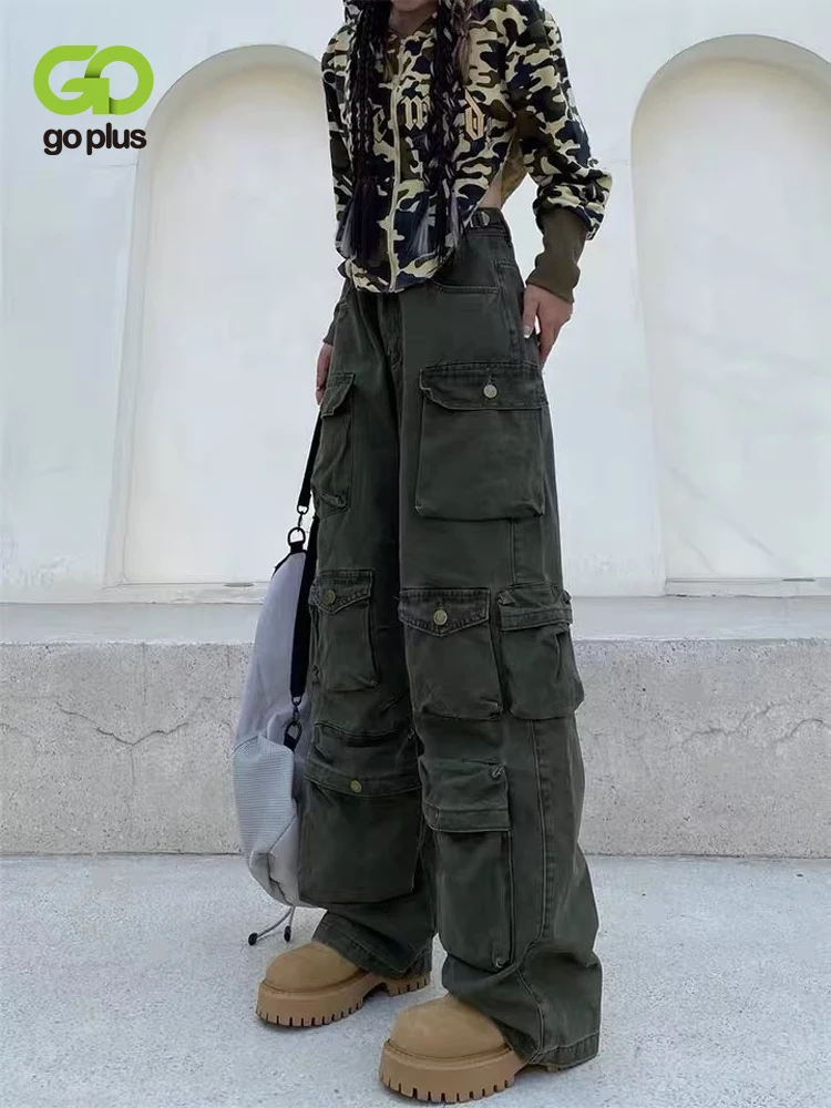 

GOPLUS Women Pants Streetwear High Waist Wide Pants Retro Cargo Black Trousers Pantalon Taille Haute Pour Cargo Femme C60590