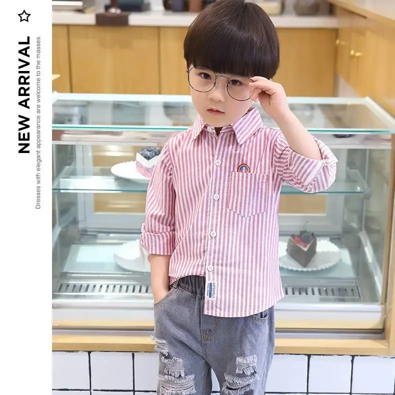 

Boys' Shirt Long sleeved Spring Autumn New Cotton Korean Fashion Stripe Shirt Middle School Children's Casual Style Shirt