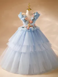Fashion Ball Gown 3D Flowers Baby Flowers Girl Dresses Tulle Children Wedding Birthday Prom Party Gowns