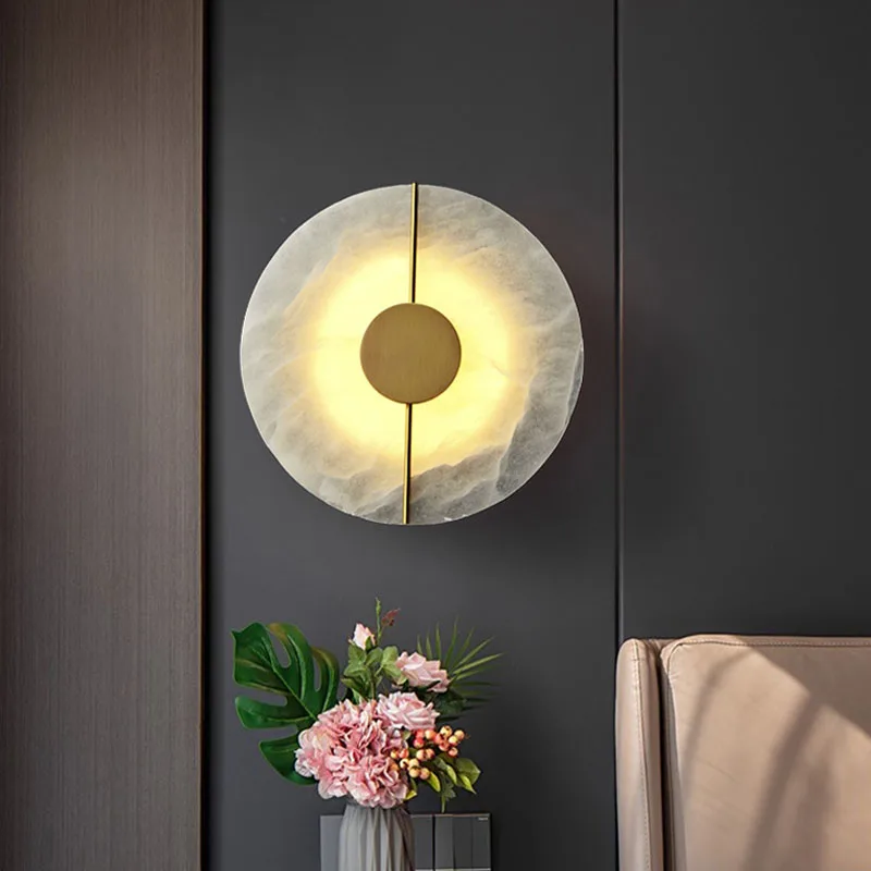 

Round Marble Wall Lamp Modern Nordic Brass For Hotel Bedroom Bedside Living Room Luxury Art Creative Background Home Deco Light