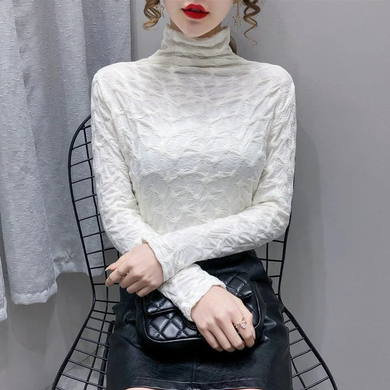 

2023 New Half High Neck Lace Base Shirt Female Style Long Sleeve Autumn Net Gauze Blouse with Temperament Slim Small Shirt