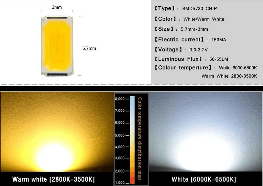 SAMIROB 100 Stück 5630/5730-CW/WW 0,5 W-150Ma 50–55 lm 6500 K weißes Licht SMD 5730 5630 LED 5730 Dioden (3,2–3,4 V) – Detail 1