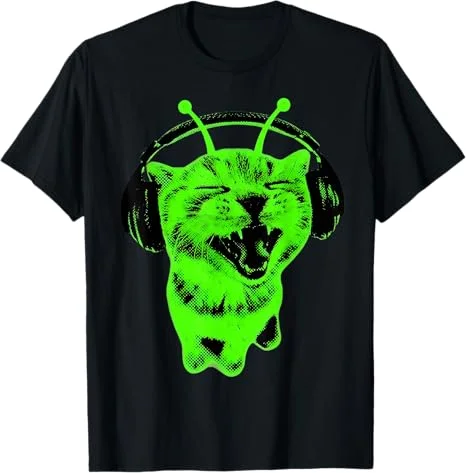 Neongrünes Alien-Katzen-T-Shirt im Retro-Stil der 90er Jahre. „Wirklich?“ T-Shirt mit Katzenmotiv, lustiges Katzen-Meme, Rundhalsausschnitt, lässig, kurzärmelig, für Männer und Frauen – Detail 4