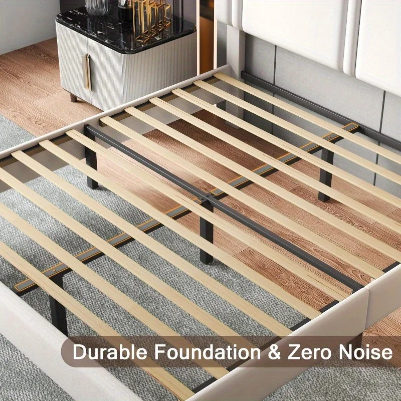 Upholstered Queen Size Bed Frame with Velvet Fabric Headboard Strong Wooden Slats Support Noise Free No Box Spring Neede 4