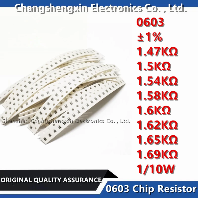 100PCS 0603 SMT Chip Resistor Tolerance ±1% Resistance 1.47KΩ 1.5KΩ 1.54KΩ 1.58KΩ 1.6KΩ 1.62KΩ 1.65KΩ 1.69KΩ Ohms 1/10W 0.1W