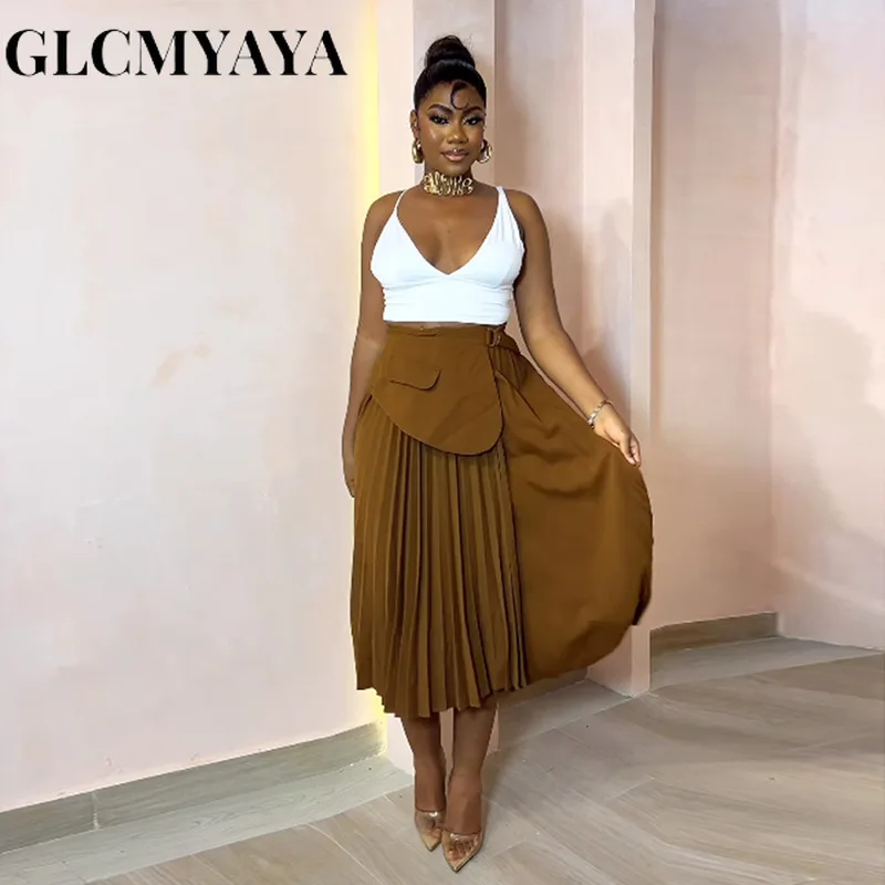 GLCMYAYA Women Summer High Waist Patchwork Belt Big Swing Pleated