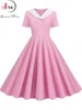 Summer Midi Dress Women Elegant Pink Vintage Party Sundress Casual Peter pan Collar Short Sleeve Dress