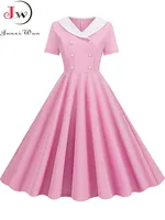 Summer Midi Dress Women Elegant Pink Vintage Party Sundress Casual Peter pan Collar Short Sleeve Dress