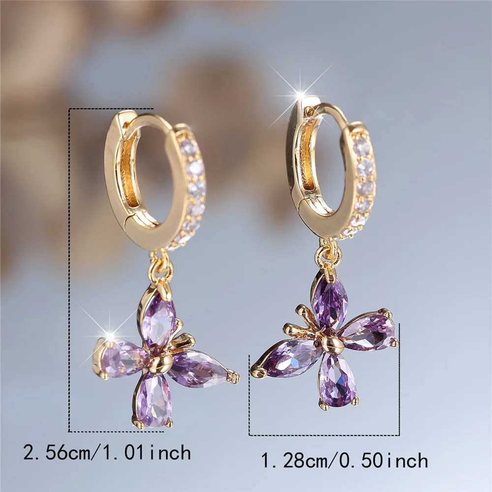 Trendy Crystal Purple Zircon Stone Cute Butterfly Hoop Earrings For Women Vintage Gold Color Wedding Jewelry