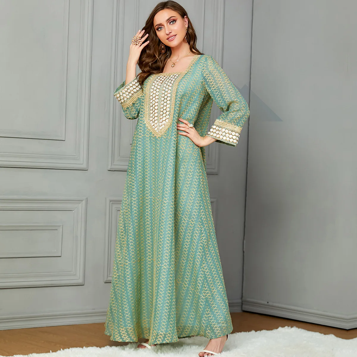 

Caftan Marocain Jilbabs For Woman Abaya Arabic Islamic Full Sleeve Square Collar Muslim Long Dress Loose Turkish Robe