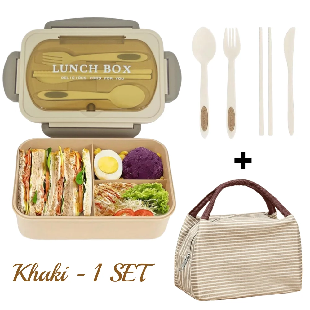 Leak-Proof Bento Lunch Box Set with Utensils & Insulated Bag - 3 Compartments