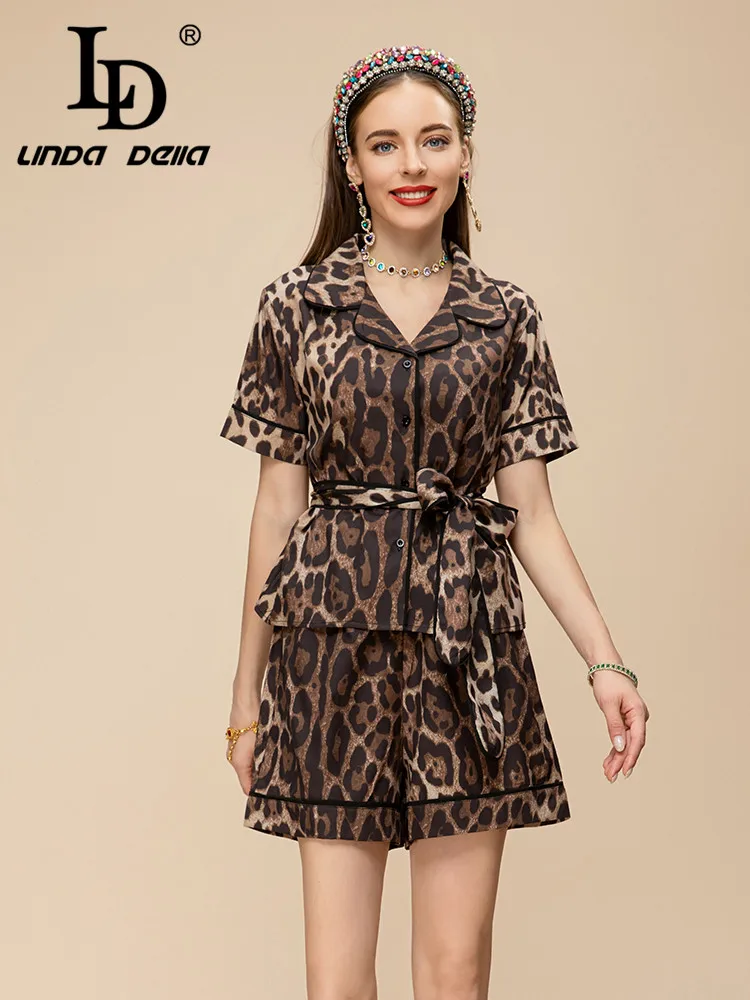 

LD LINDA DELLA 2023 Summer Fashion Designer Set Women's Leopard Print Belt Single-breasted Top+Elastic Waist Shorts Sets