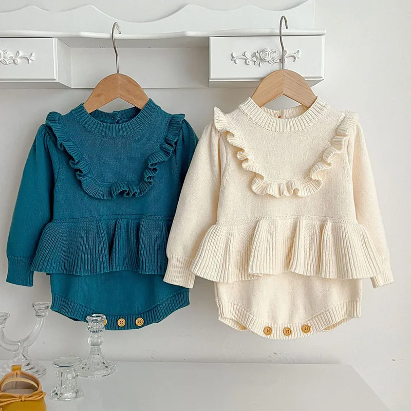 

Осенне-зимнее однотонное трикотажное боди для маленьких девочек, комбинезон для новорожденных, вязаная одежда для маленьких девочек