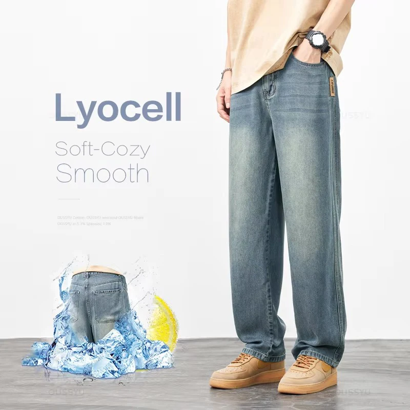Lyocell Fabric Men's Cargo Jeans Denim Pants Trousers Loose Wide Leg Elastic Waist Casual Plus Size
