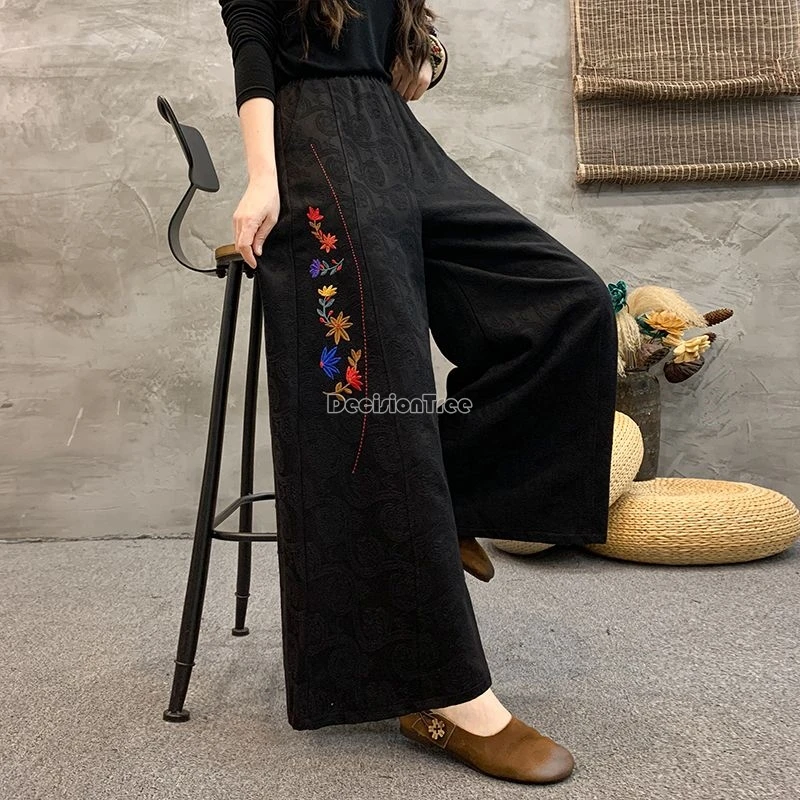 Chinese Style Retro Embroidery Pants Ethnic Style Literature Art Pants Leisure Loose Comfortable Wide Leg Trousers