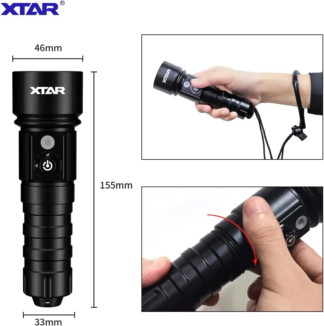 XTAR D26 고출력 LED 다이빙 손전등 1100루멘 IPX8 최고 방수 등급 18650 배터리로 구동 핸드 로프 포함