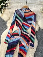 SINGREINY Mesh Sexy Long Playsuit Stand Collar Long Sleeves Transparent Zipper Design Streetwear Striped Print Bodycon Jumpsuits - Image 3