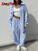 Costume d'été pour femmes avec pantalon et chemise en coton, costume classique deux pièces, chemise à manches longues pour femmes, costume rayé rose pour femmes 5