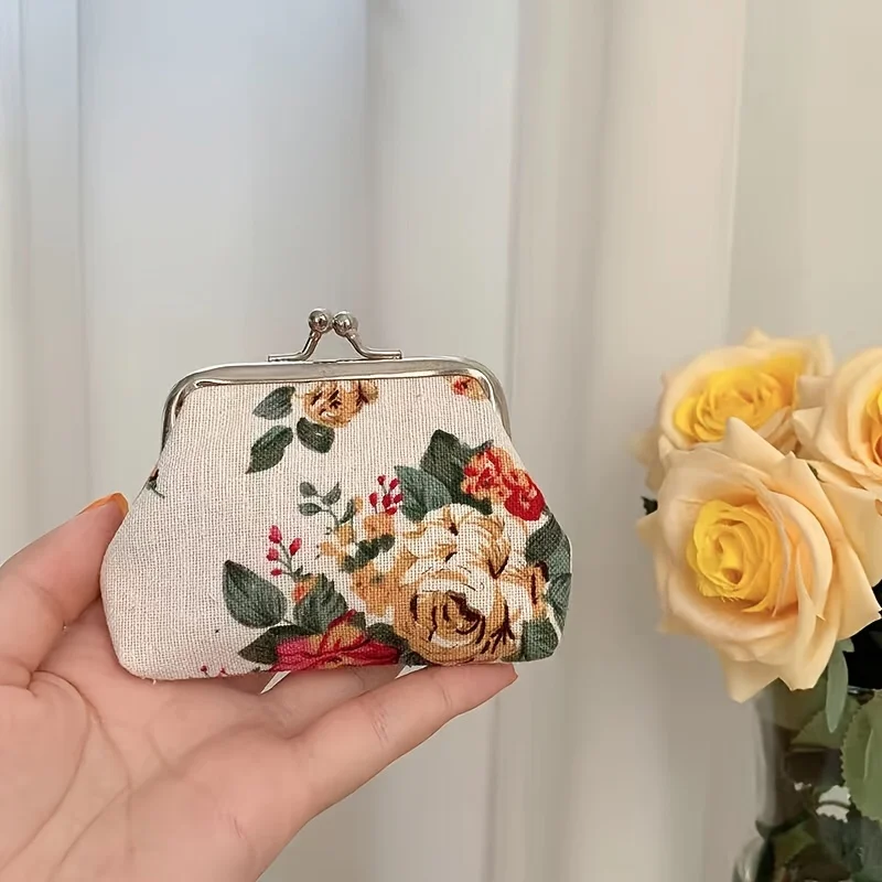 One Piece Vintage Mini Canvas Coin Purse Printed Rose Flower Wallet Key Lipstick Storage Coin Bag Cute Small Wallet