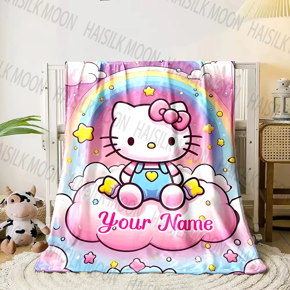 (Memo U Name) 1PC Hello Kitty Printed Blanket Can Be Custom with Name, Soft and Warm, Suitable for Home, Office, Camping,Car