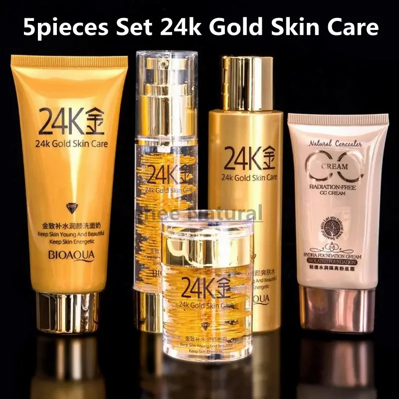 

5pieces Set 24k Gold Skin Care Set Super Bright Cleanser Toner Serum Lotion BB Cream Moisturizing Anti-aging Spots Freckle