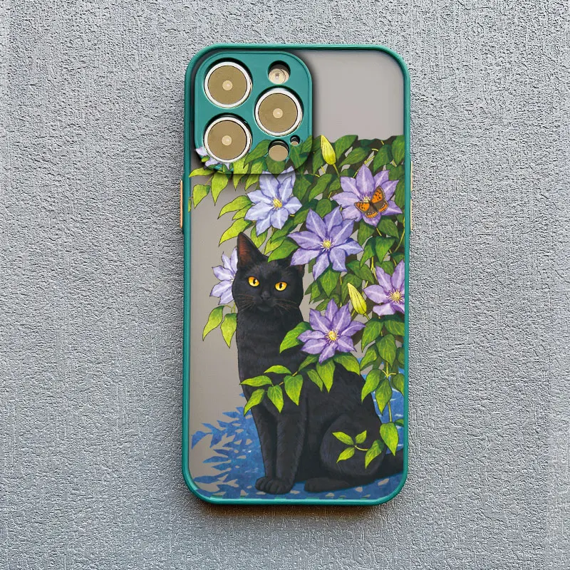 Schöne schwarze Katzen- und Blumen-Handyhülle für iPhone 15 14 13 12 11 Pro Max Mini XR X XS 15 14 7 8 Plus SE2 stoßfeste Rückseite – Detail 4